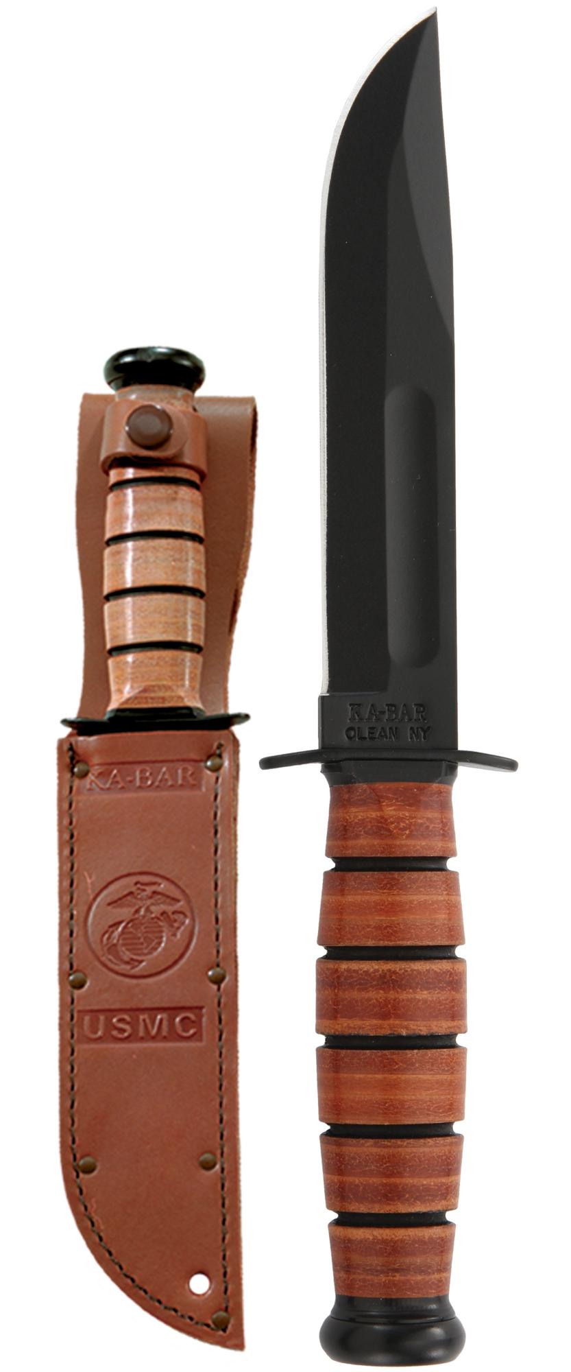 Ka-Bar USMC Short Fixed Blade Knife, 1095 Cro-Van, Leather Handle, Leather Sheath