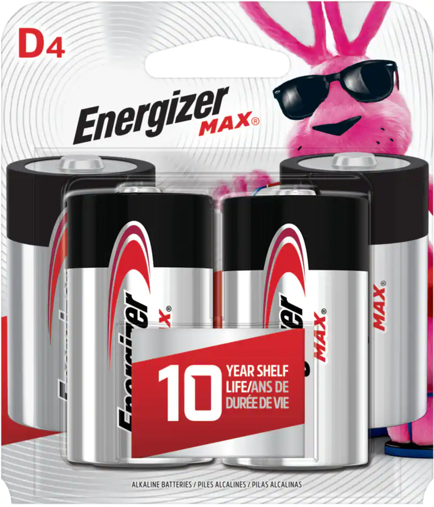D Battery Alkaline - Energizer MAX + Powerseal - 4 Pack